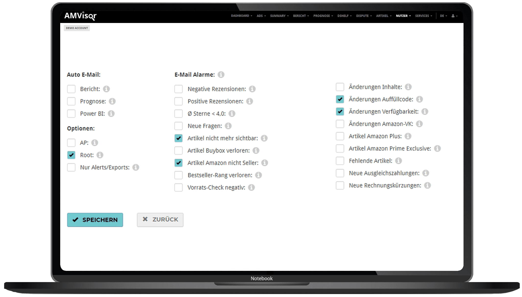 Email Alert Feature Fokus Business - AMVisor Anmazon Analytics tool für MacBook Pro. Email Alert Feature