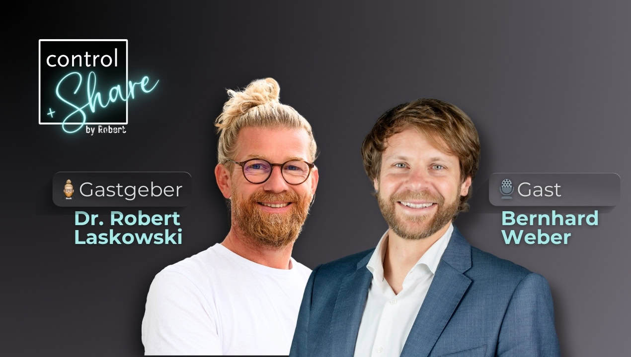 Perpetuo EventsBanner WP DEmail Header RT 20250417 Robert Laskowski (Head of Sales AMVisor) und Bernhard Weber (Ex- Amazonian) Seite an Seite direkt in die Kamera schauend und lächelnd. Hintergrund ist grau und in der linken oberen Ecke findet sich das Logo des Webinar-Formats "eine Control Keyboard Taste" mit neon leuchtenden Buchstaben "share davor.