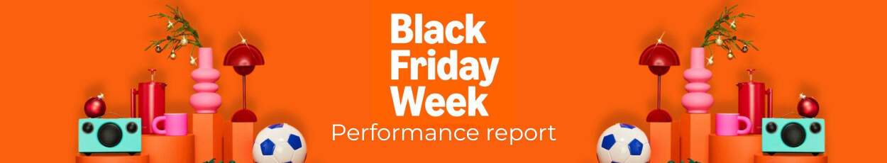 A featured image with bright orange backdrop and a lot of different items on little petty stools. A soccer ball, a teal handbag, a red lamp. In the middle in big white block font it reads Black Friday Week and underneath that header there is a subheader reading Performance report.