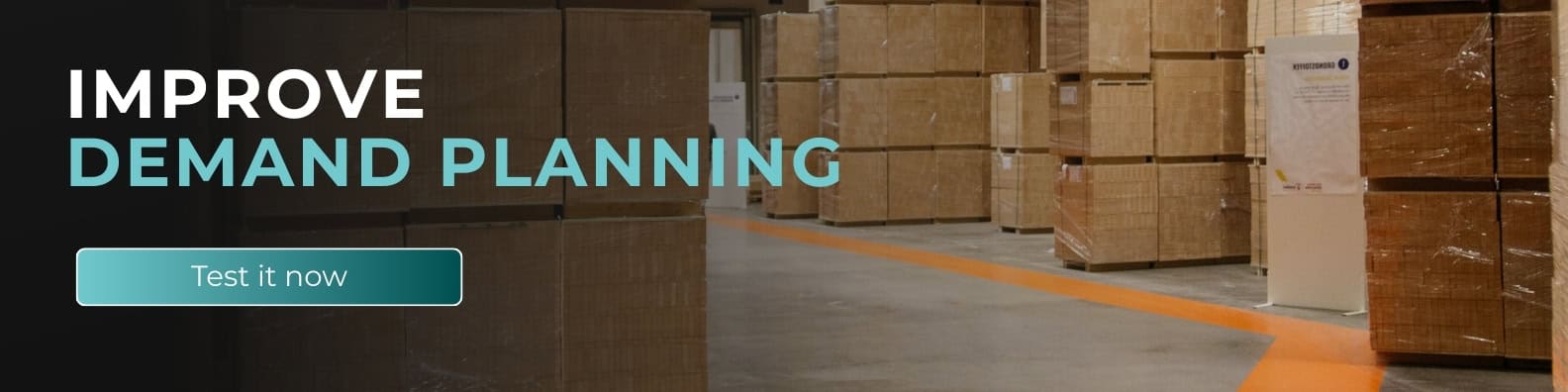Wide promotional banner with the headline “Improve Demand Planning” and a “Test it now” button, set in a warehouse environment with stacked cartons, symbolizing optimized forecasting, inventory planning, and efficient supply chain management.