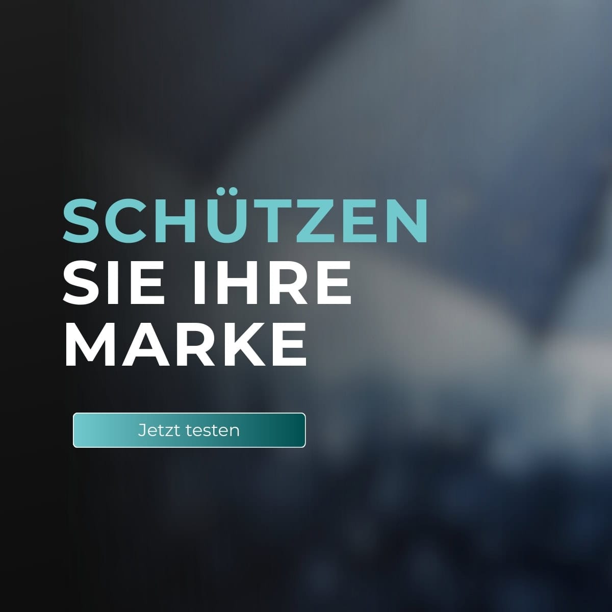 Mobiles Website-Banner mit der Überschrift „Schützen Sie Ihre Marke“ und einem „Jetzt testen“-Button vor unscharfem Hintergrund, das Markenschutz, Sicherheit und Risikominimierung im E-Commerce symbolisiert.