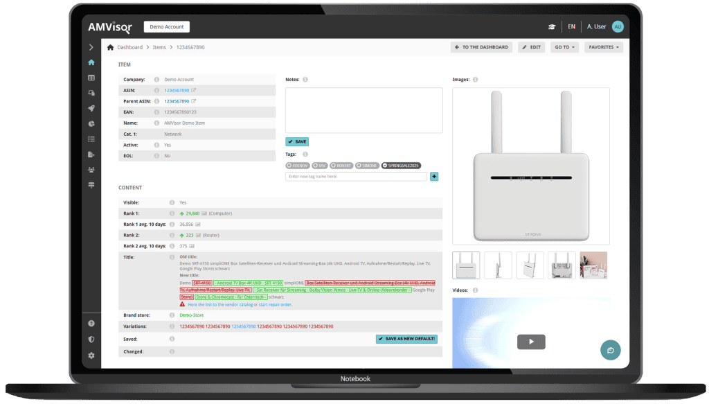 AMVisor item detail and content management page for Amazon vendors on desktop, displaying ASIN information, ranking metrics, keyword-optimized product title editing, variation links, tagging system, and media management with images and video preview for Amazon listing optimization.