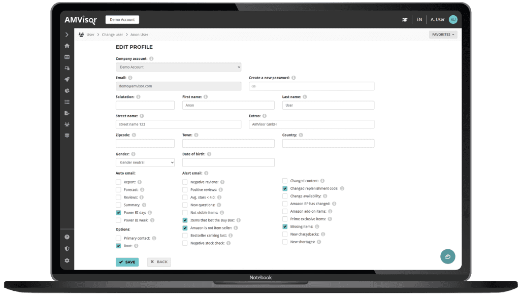 AMVisor user profile and notification settings page for Amazon vendors on desktop, allowing account data management, password updates, contact details editing, and customization of automated reports and alert emails for Vendor Central performance monitoring.
