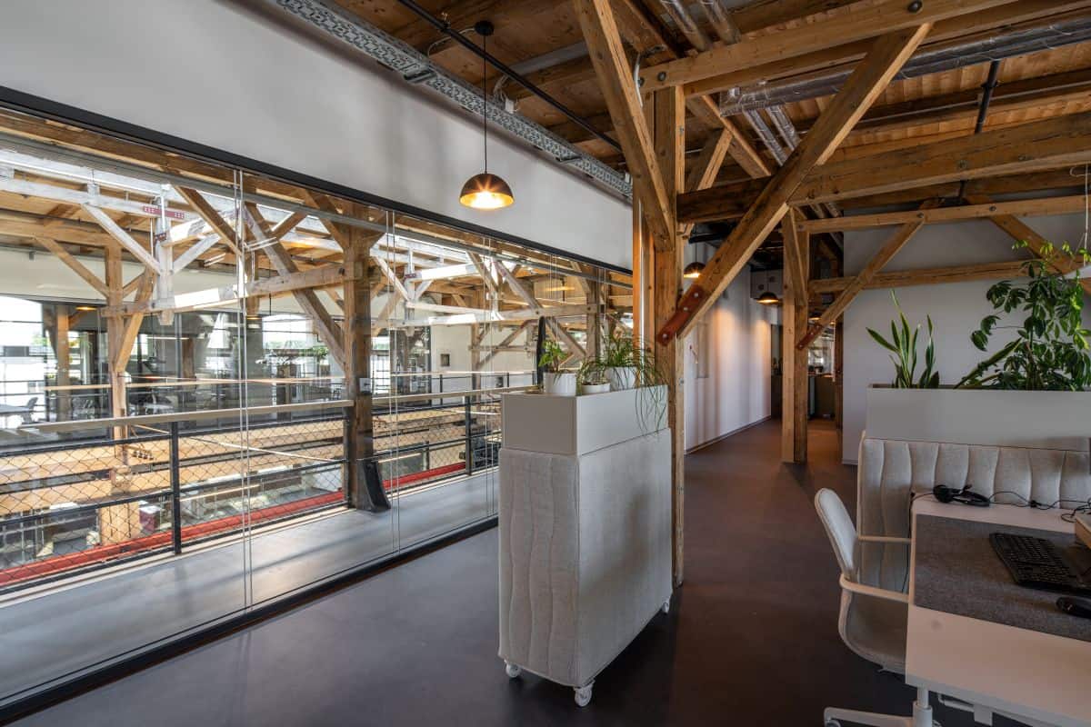 Contemporary office space with wooden beams, glass walls, and indoor plants.